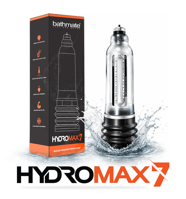 Bathmate Hydromax7 water based penis pump for 5-7 inches with official retail packaging, water splash and logo