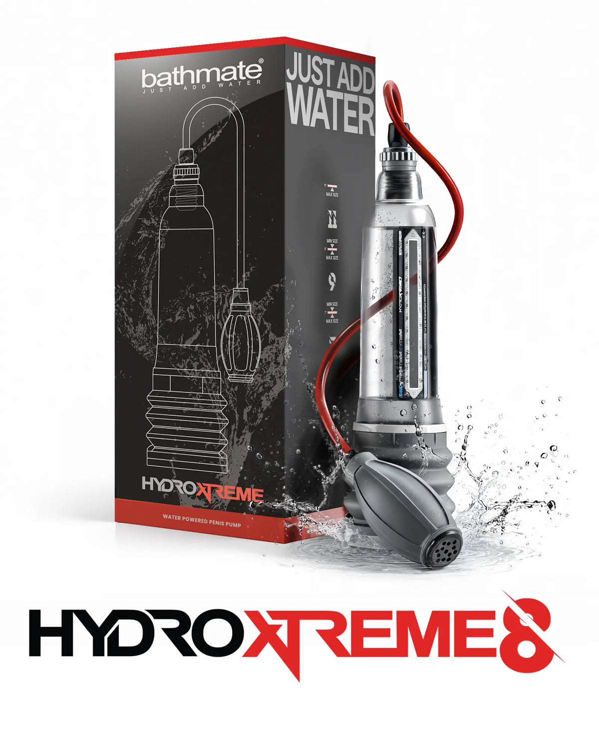 Bathmate HydroXtreme8 water based penis pump with retail packaging and splash effect