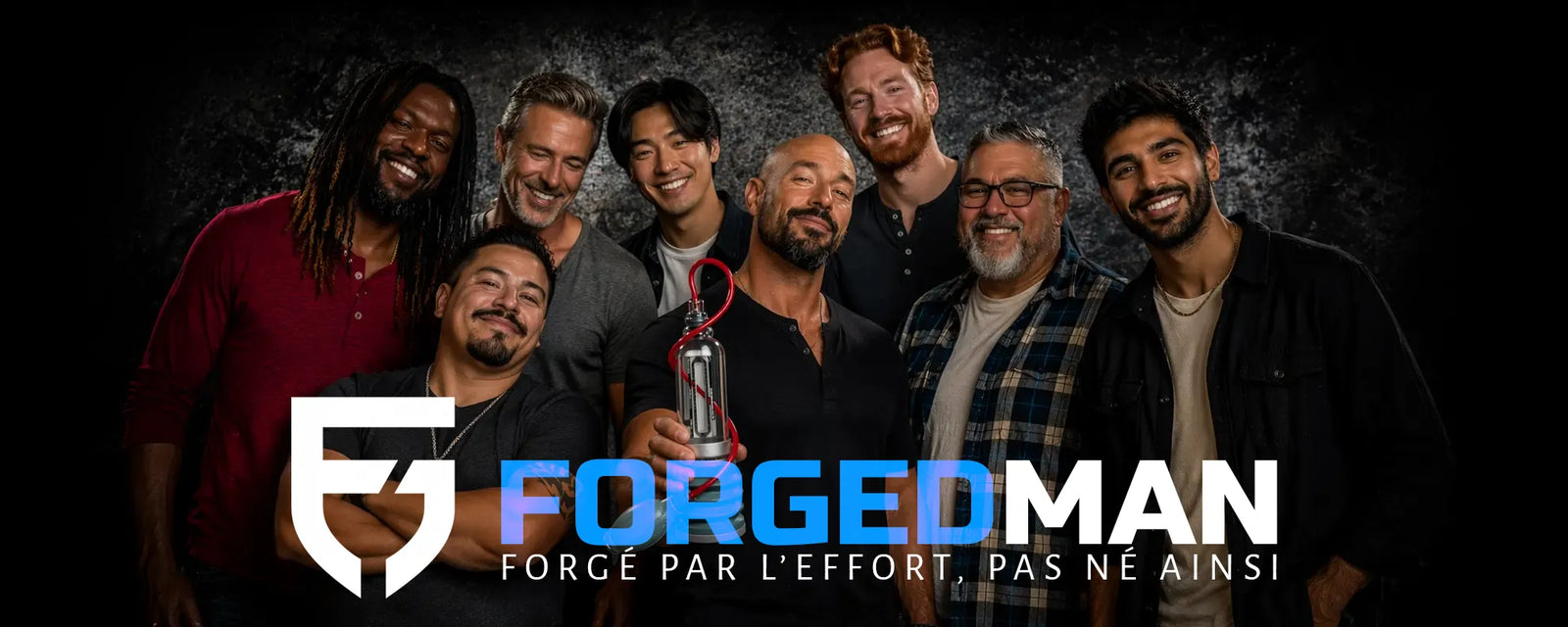 Une bannière promotionnelle mettant en vedette sept hommes souriants qui posent ensemble devant un arrière-plan sombre et texturé, avec le texte « FORGEDMAN » et le slogan « FORGÉ PAR L’EFFORT, PAS NÉ AINSI » au bas de l’image.
