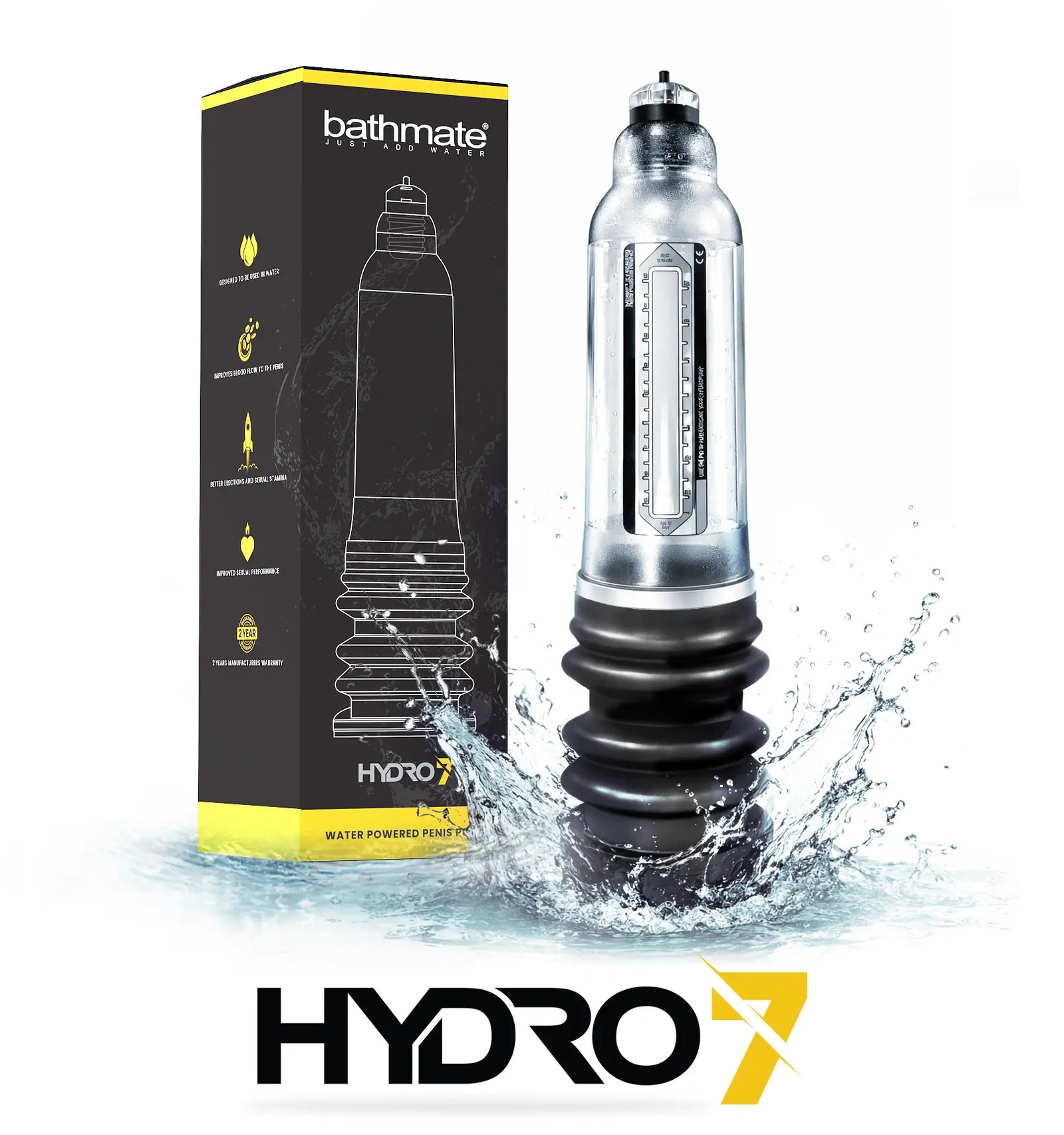 Bathmate Hydro7 penis pump in water with packaging, showcasing its advanced water-based design for optimal performance.