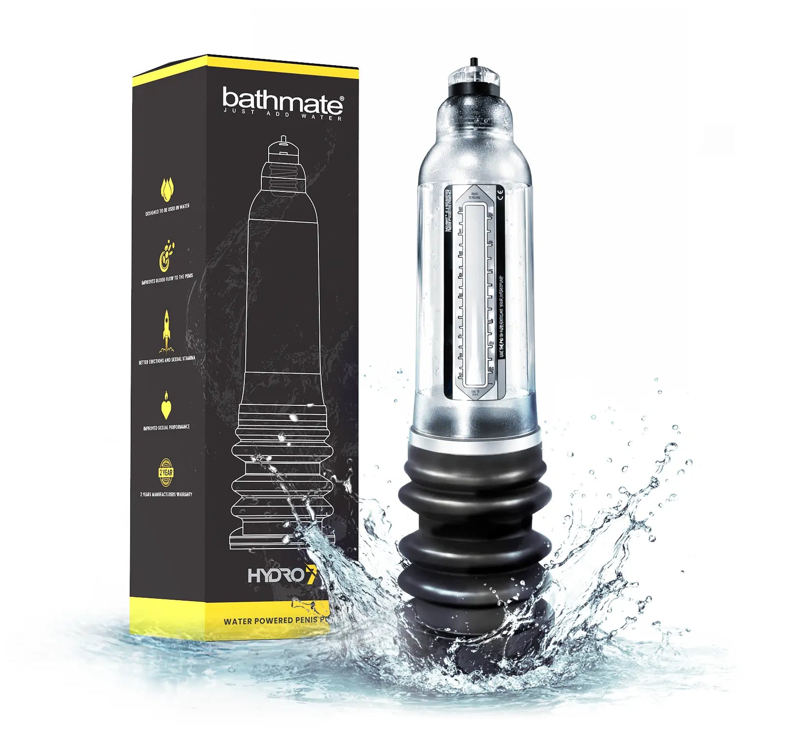Bathmate Hydro7 penis pump with packaging and water splash, medium size water-based pump.